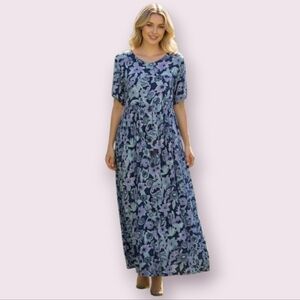 M 100% Rayon Maxi Dress Vintage Gloria Vanderbilt Blue  Floral Print Modest